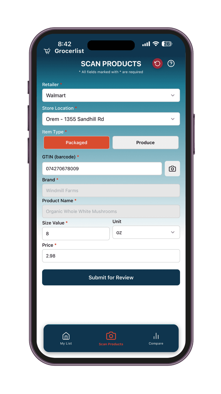 Scan and submit prices screen